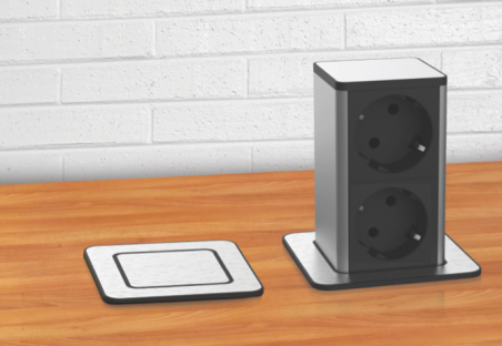 POP UP, Tischanschluß mit 2 Schuko Einsätzen in 80 mm Durchmesser Dosenbohrung einzubauen. Alu gebür